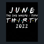 Poster 30th Birthday June The One Where I Turn 30 2022<br><div class="desc">30th Birthday June The One Where I Turn 30 2022 Mens Women Gift. Perfect gift for your dad,  mom,  papa,  men,  women,  friend and family members on Thanksgiving Day,  Christmas Day,  Mothers Day,  Fathers Day,  4th of July,  1776 Independent day,  Veterans Day,  Halloween Day,  Patrick's Day</div>