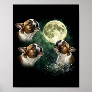 Poster 3 bulldog francês uivando para a lua ângulo vintag
