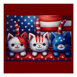 Pôster 3 Gatinhos Patrióticos Em Uma Cena Com A Bandeira