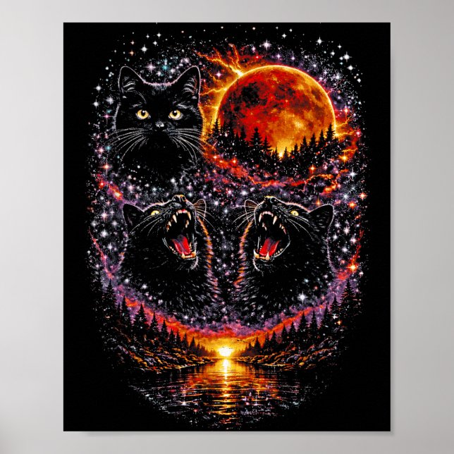 Poster 3 gatos pretos uivando lua de sangue lunar florest (Frente)