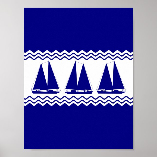 Poster 3 Marinhos De Barcos À vela Azuis E Brancos De Dec (Frente)