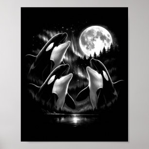 Poster 3 Orca Uivando Lua Aurora Estilo Vintage Retro