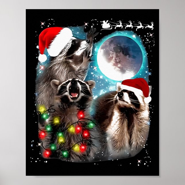 Poster 3 Racoon Moon Howling Raccoon Christmas Santa Raco (Frente)