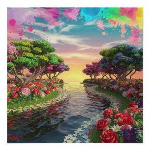 Pôster 3D Fantasy Sunset Sobre Serene Lake com Vibração