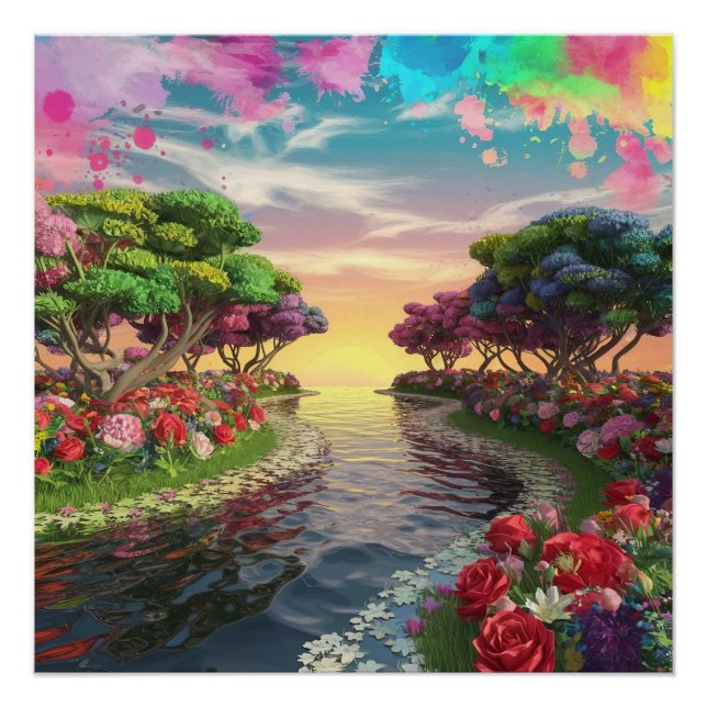 Pôster 3D Fantasy Sunset Sobre Serene Lake com Vibração (Frente)