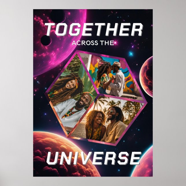 Poster 3D Fotowürfel im Weltraum mit Planeten (Frente)