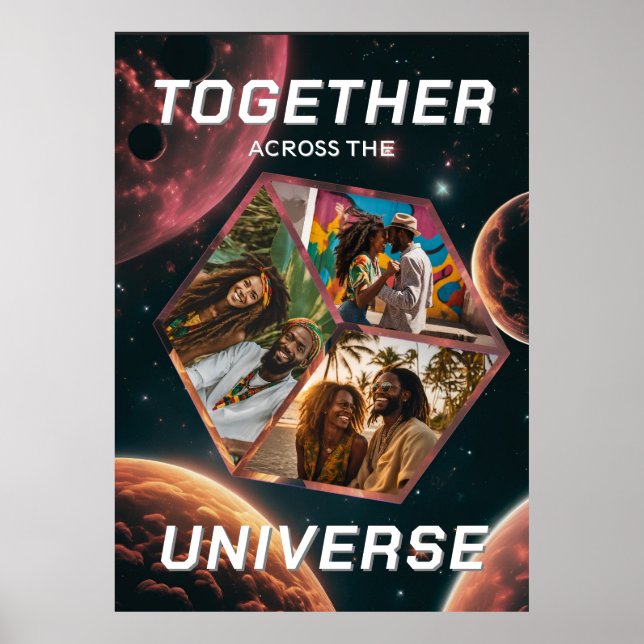 Poster 3D Fotowürfel im Weltraum mit Planeten (Frente)