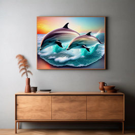 Poster 3D Golfinhos Ocean Sunset Tropical Beach Vibe