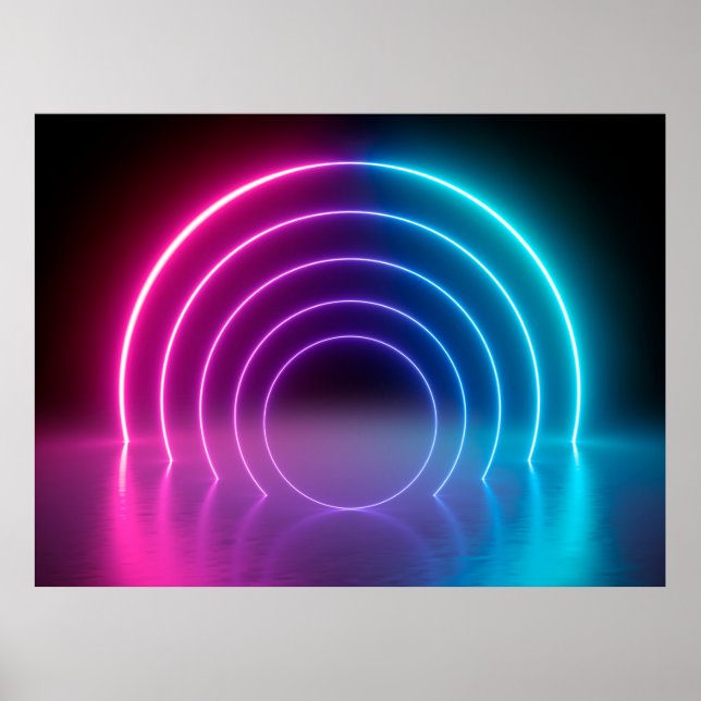 Poster 3d, linhas brilhantes, túnel, luzes de neon, virtu (Frente)