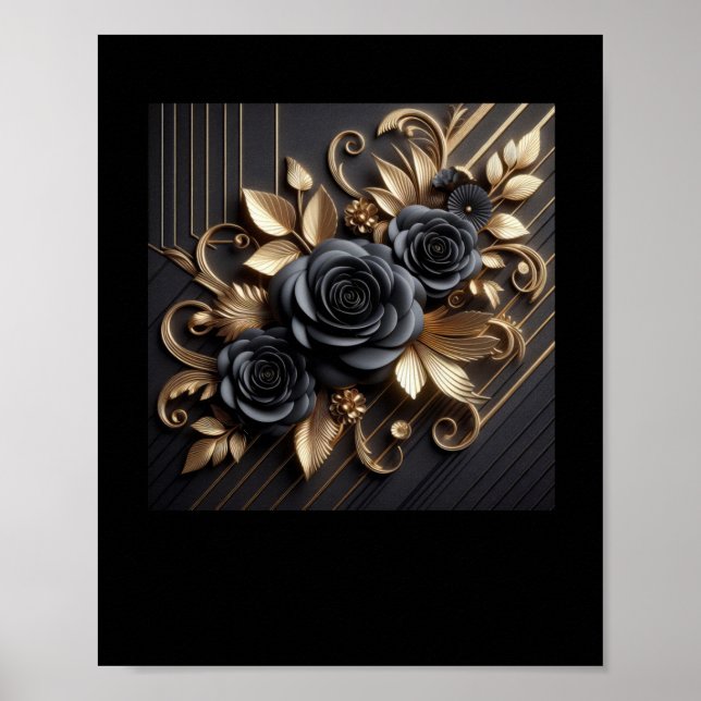 Poster 3d Rosas Pretos Dourados nº 7 (Frente)