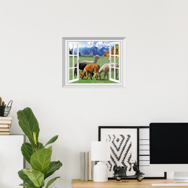Poster 3D Visão Falsa Da Janela Alpaca Llama Wall Art (Escritório em casa)