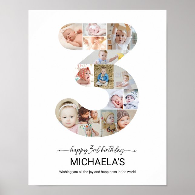 Poster 3rd Birthday Number 3 Photo Collage Custom Picture (Frente)