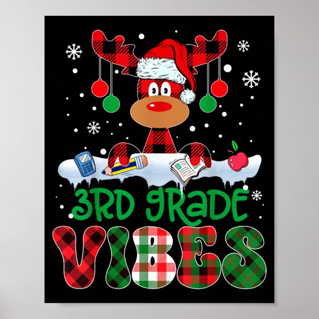 Poster 3rd Grade Vibes Teacher Buffalo Red Plaid Reindeer (Frente)