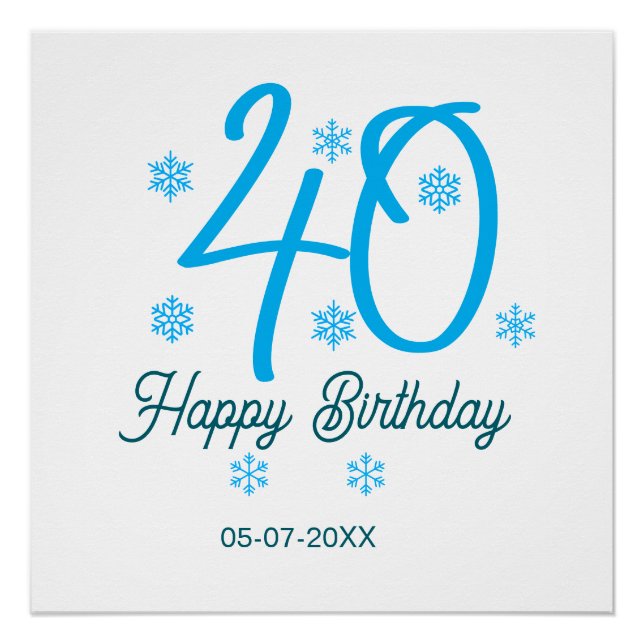 Pôster 40th birthday add name date year blue template (Frente)