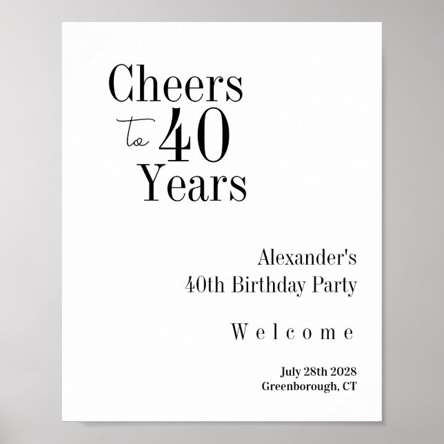 Poster 40th Birthday Cheers to 40 Years Black White Party (Frente)