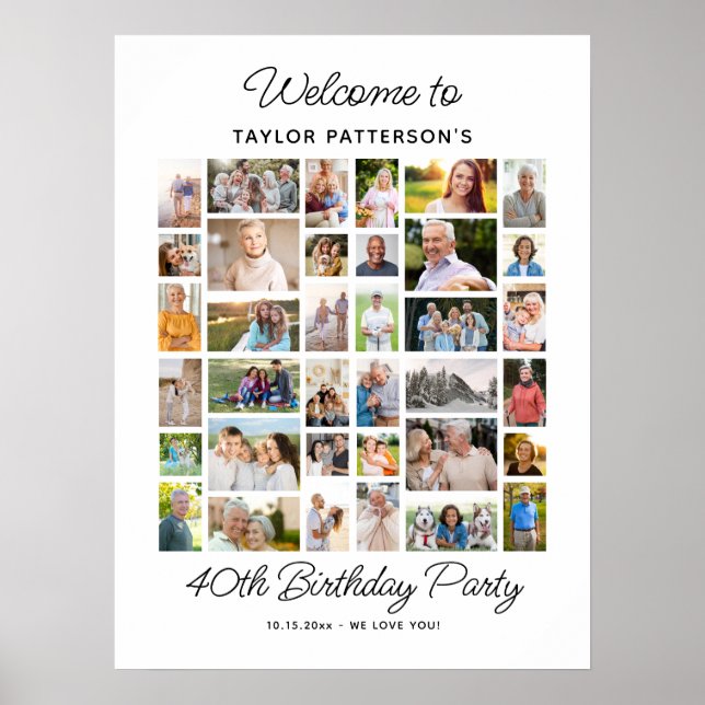 Poster 40th Birthday Party Photo Collage, Fun Welcome  (Frente)