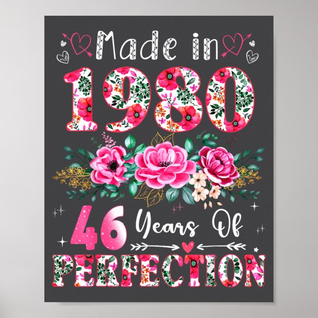 Poster 46 Year Old Made In 1980 Floral 46th Birthday Wome (Frente)