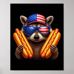 Poster 4 de julho Hotdog Funny Raccoon Patriotic Cute Us