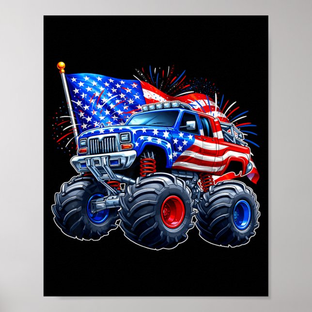 Poster 4 de julho monstro engraçado caminhão bandeira dos (Frente)