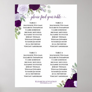 Poster 4 Mesa Rosas Roxas Gráfico de Assentos de Casament