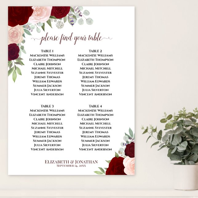 Poster 4 Table Red & Pink Roses Wedding Seating Chart (In Situ on Wall)
