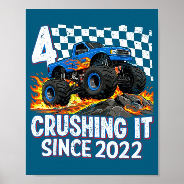 Poster 4th Birthday Monster Truck 4 Year Old Boys Party B (Frente)