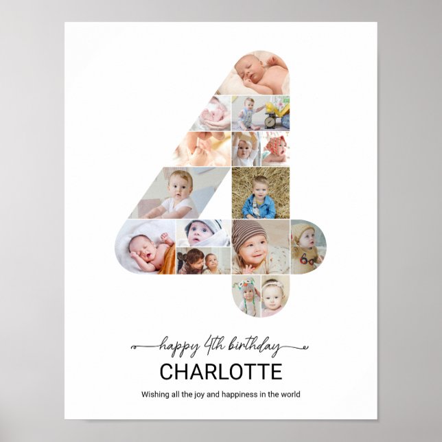 Poster 4th Birthday Number 4 Photo Collage Custom Picture (Frente)