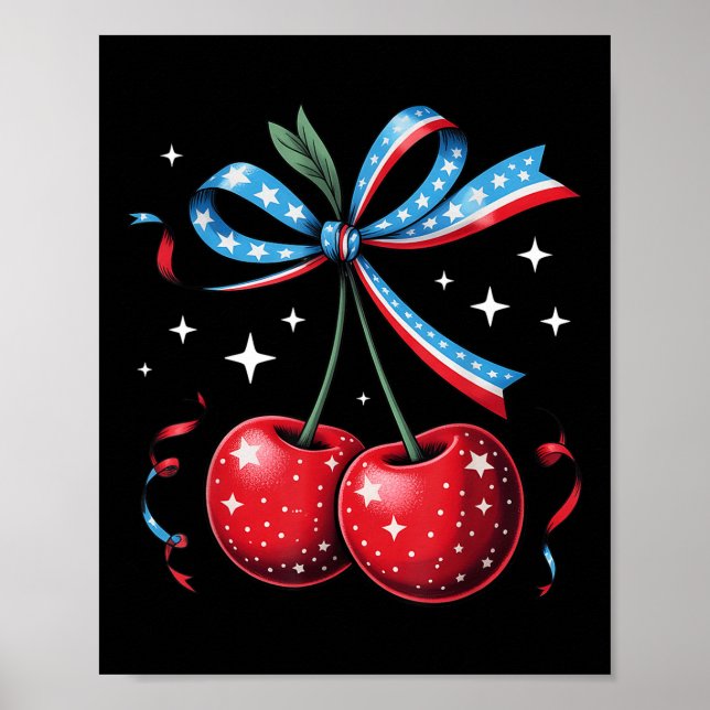 Poster 4th Of July Cherries Coquette Bow Patriotic Cherry (Frente)