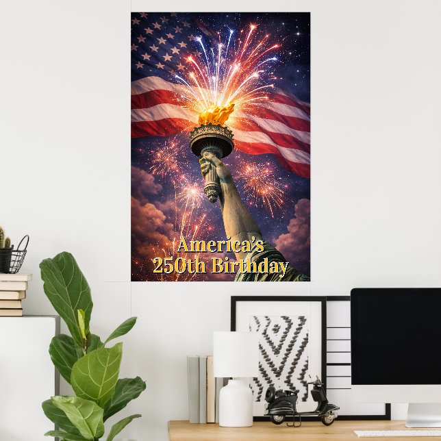 Poster 4th of July Liberty Torch Fireworks USA 250th (Escritório em casa)