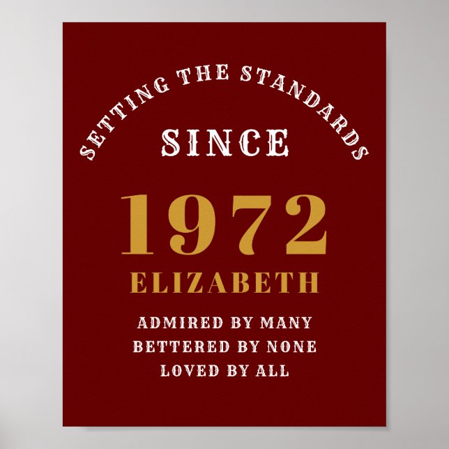 Poster 50º aniversário 1972 Chic Vermelho Elegante Dourad (Frente)