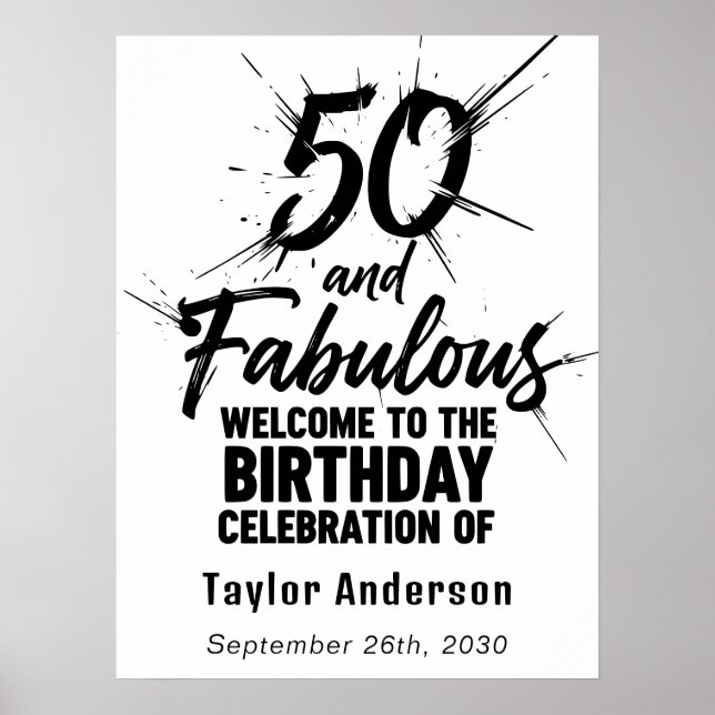 Poster 50 and Fabulous Birthday Bursting Black and White (Frente)