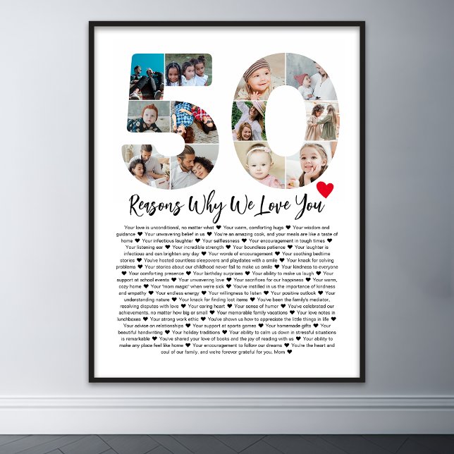 Poster 50 Razões Porque Te Amo 50ª Colagem de Aniversário (50 reasons why we love you poster wall art)