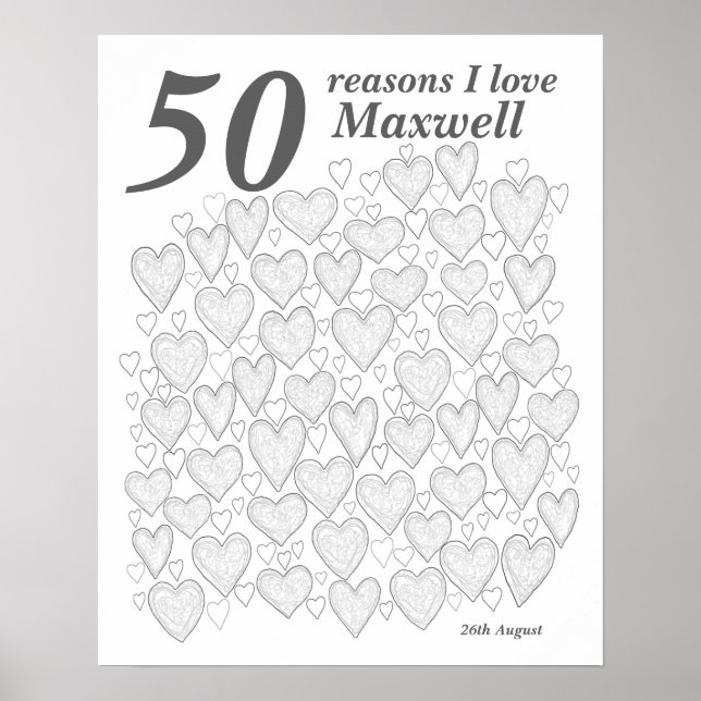 Poster 50 Razões Que Te Amo - 50º presente de aniversário (Frente)