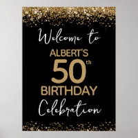 50th Birthday Gold Glitter and Black Welcome