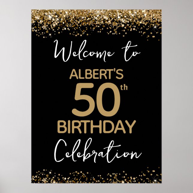 Poster 50th Birthday Gold Glitter and Black Welcome (Frente)