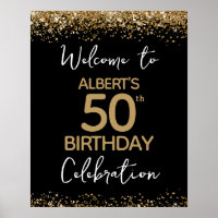 50th Birthday Gold Glitter and Black Welcome