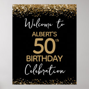 Poster 50th Birthday Gold Glitter and Black Welcome