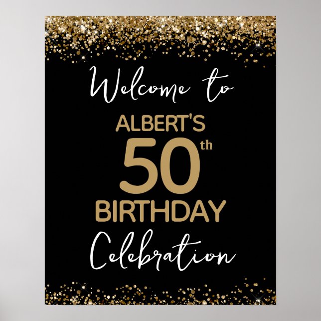 Poster 50th Birthday Gold Glitter and Black Welcome (Frente)