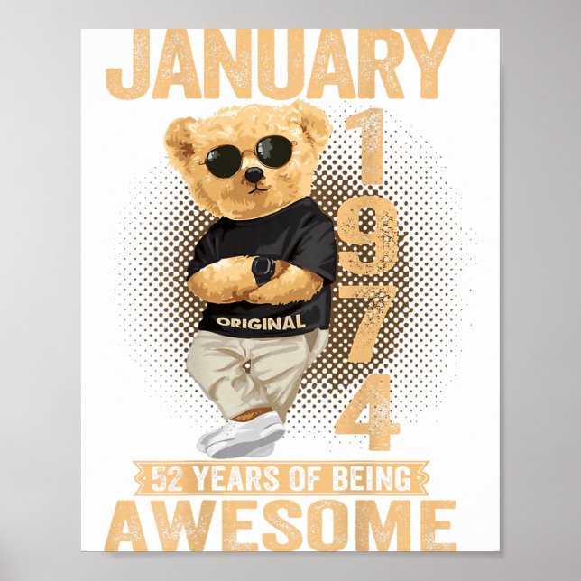 Poster 52 Year Old January 1974 Teddy Bear 52nd Birthday  (Frente)