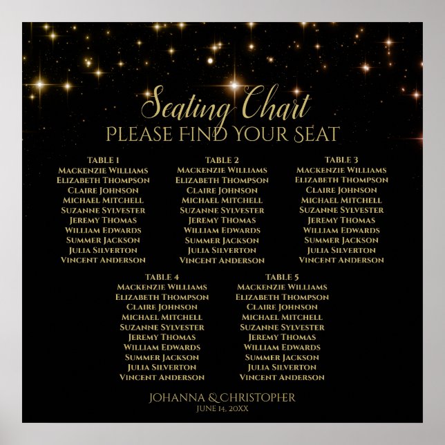 Poster 5 Table Shimmering Sparkles Wedding Seating Chart (Frente)