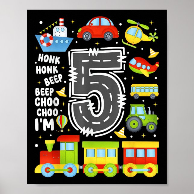 Poster 5 Years Old Boys Girls Kids 5th Birthday Transport (Frente)