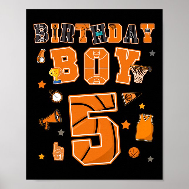 Poster 5th Birthday Boy 5 Yr Sketll Party Five Years Old  (Frente)