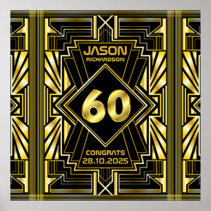 Poster 60º aniversário Art Deco Dourado Excelente Negro