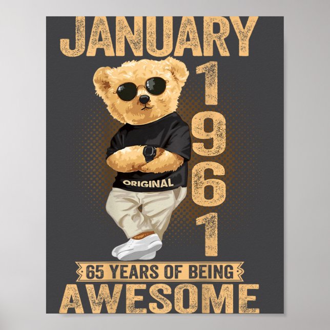 Poster 65 Year Old January 1961 Teddy Bear 65th Birthday  (Frente)