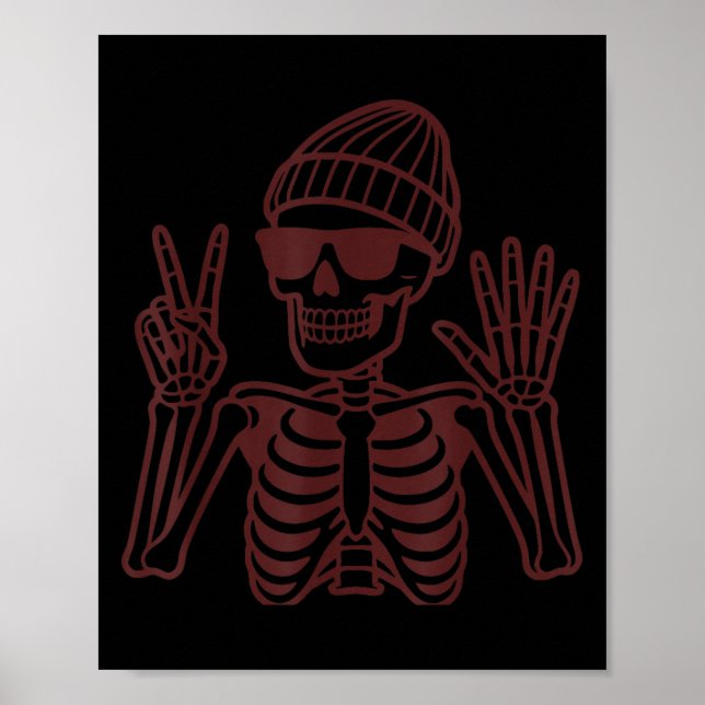 Poster 67 Halloween Skeleton Peace Sign Funny Meme Six Se (Frente)