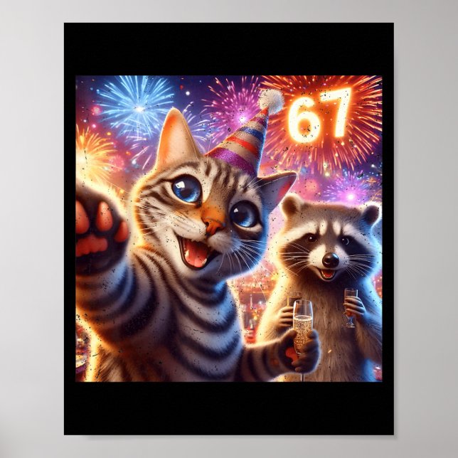 Poster 67 Meme Cat Raccoon New Year Selfie Funny Birthday (Frente)