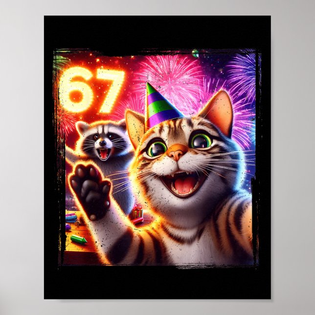Poster 67 Meme Cat Raccoon New Year Selfie Funny Birthday (Frente)