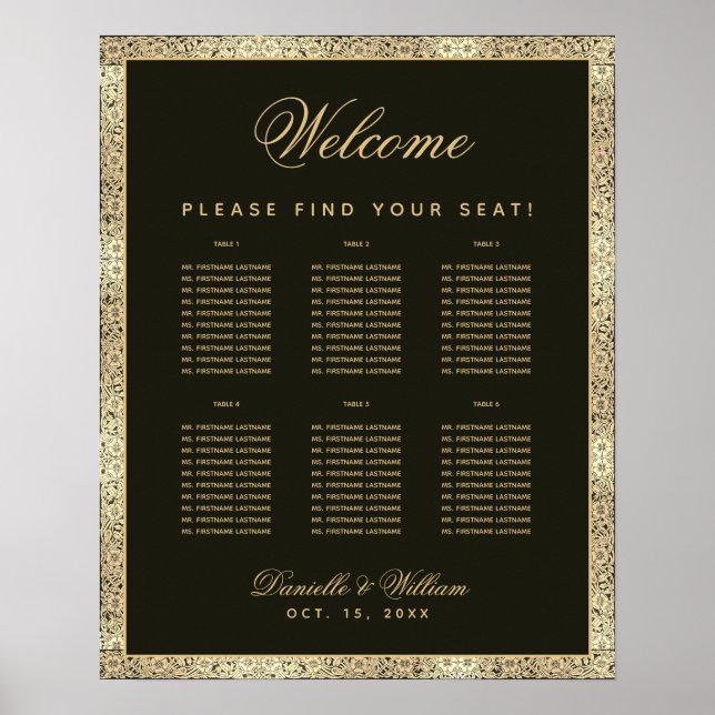 Poster 6 Gráfico de Assentos de Casamento Dourado Elegant (Frente)
