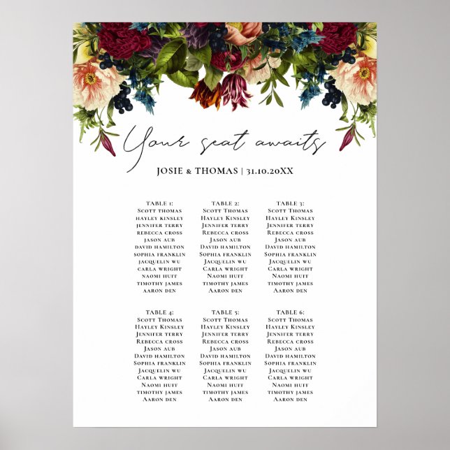 Poster 6 mesa Moody Floral Burgundy Plano de Casamento (Frente)