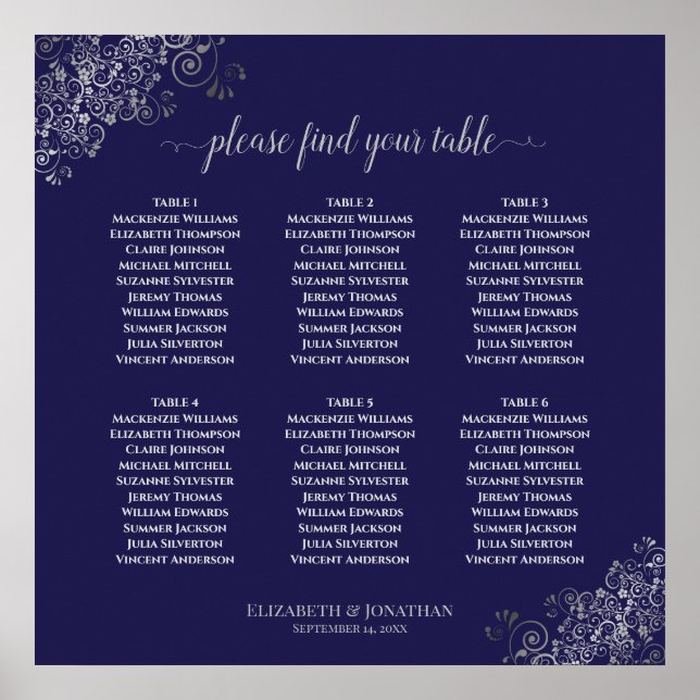 Poster 6 Mesa Prata e Marinho Azul Gráfico de Casamento (Frente)